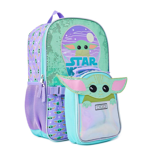 Star Wars Mandalorian Baby Yoda Girls 17" Laptop Backpack 2-Piece Set with Lunch Tote Bag, Purple Green