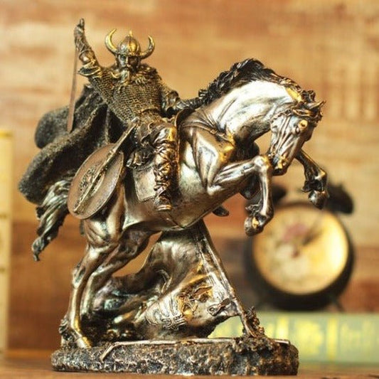 Estatua de guerrero vikingo de resina con acabado en bronce, decoración vikinga