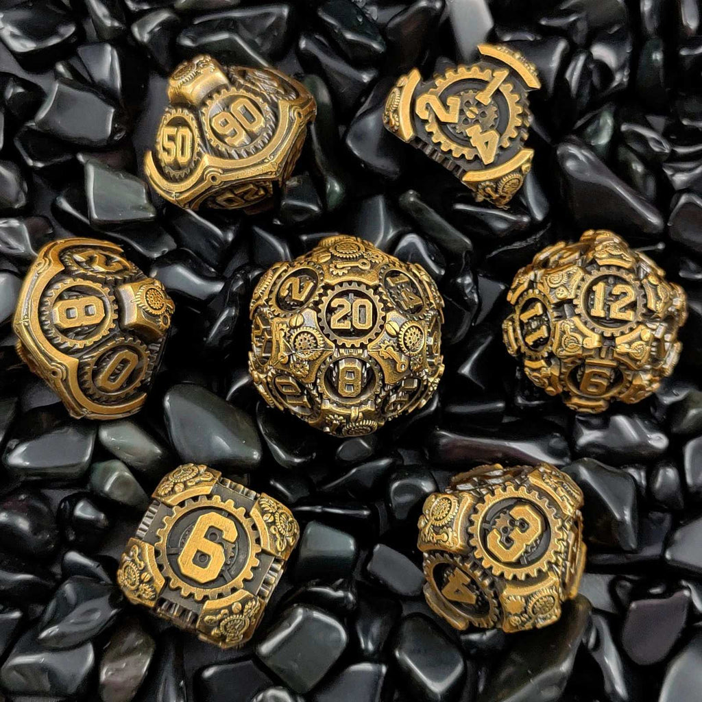 Steam Age - Brass-colored mechanical gear metal dice set