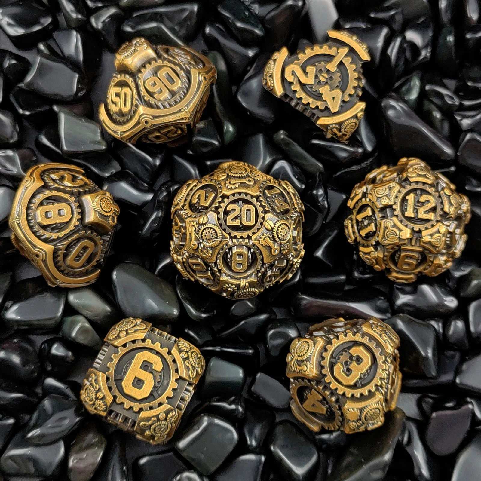 Steam Age - Brass-colored mechanical gear metal dice set