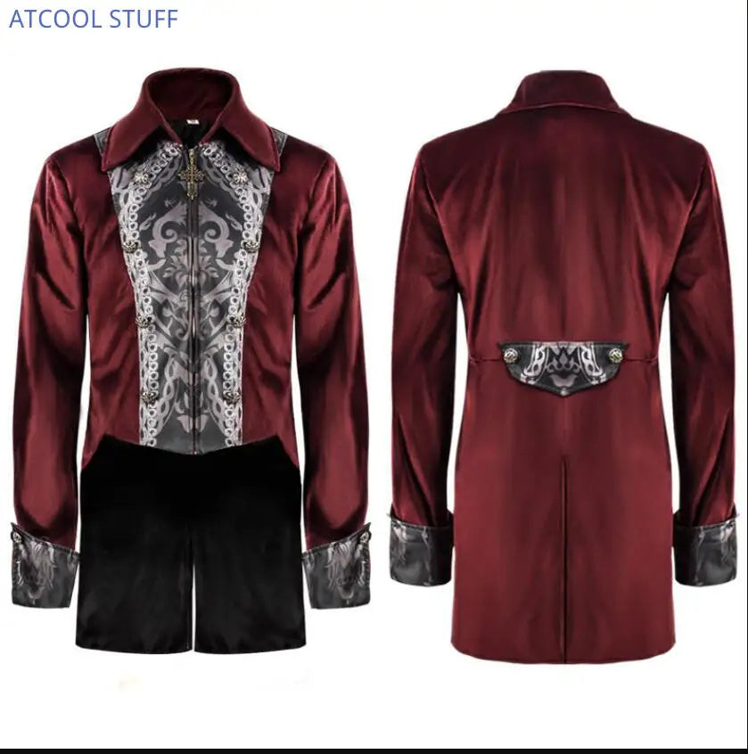 Steampunk Men's Jacket Medieval Velvet Cross Zipper Tuexdo Gothic Pirate Vampire Victorian Halloween Frock Coat