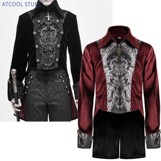 Steampunk Men's Jacket Medieval Velvet Cross Zipper Tuexdo Gothic Pirate Vampire Victorian Halloween Frock Coat