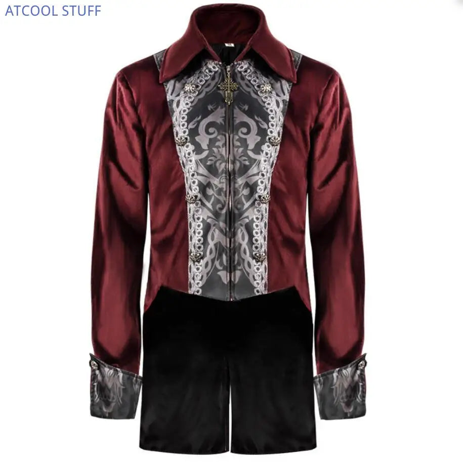 Steampunk Men's Jacket Medieval Velvet Cross Zipper Tuexdo Gothic Pirate Vampire Victorian Halloween Frock Coat