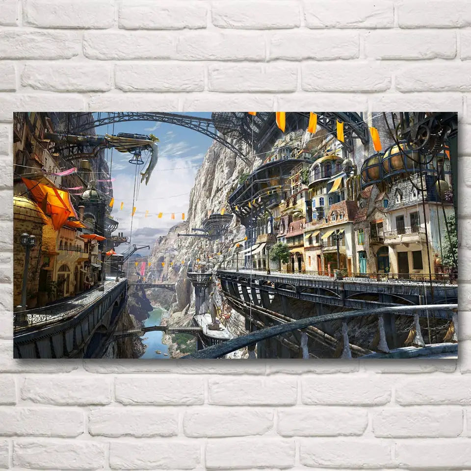 Steampunk Poster Science Fiction Robot Mountains Fantasy Art Artwork Painting Canvas Decorative Wall Pictures Print Room Decor