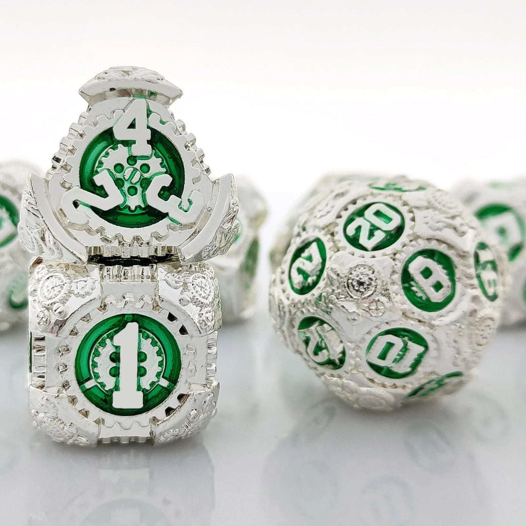 Steampunk Silver Shell with Green Gear Metal Solid Dice Set + Silver Font