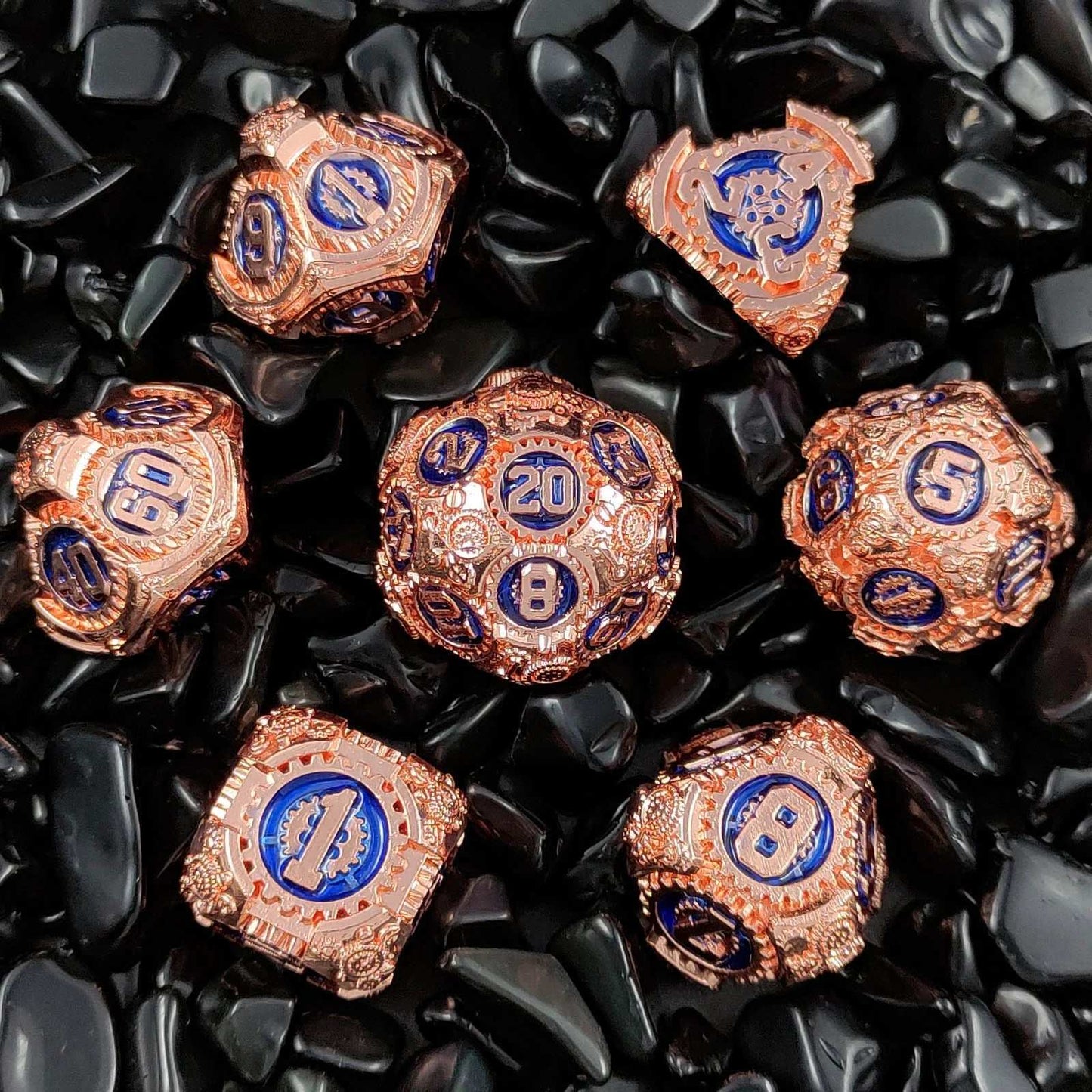 Steampunk Style - Gear Metal DND Dice Set Red Copper Treasure Blue