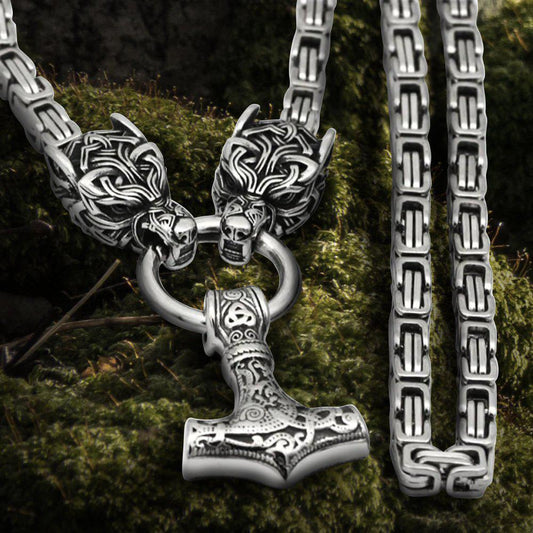 Fenrir Sun-Eater Loup de Ragnarok Collier de chaîne en acier | Fermoir entrelacé viking