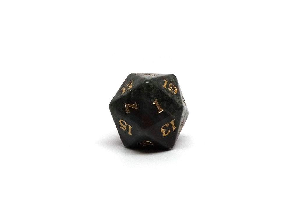 Stone D20 Dice - African Bloodstone - Signature Font - 