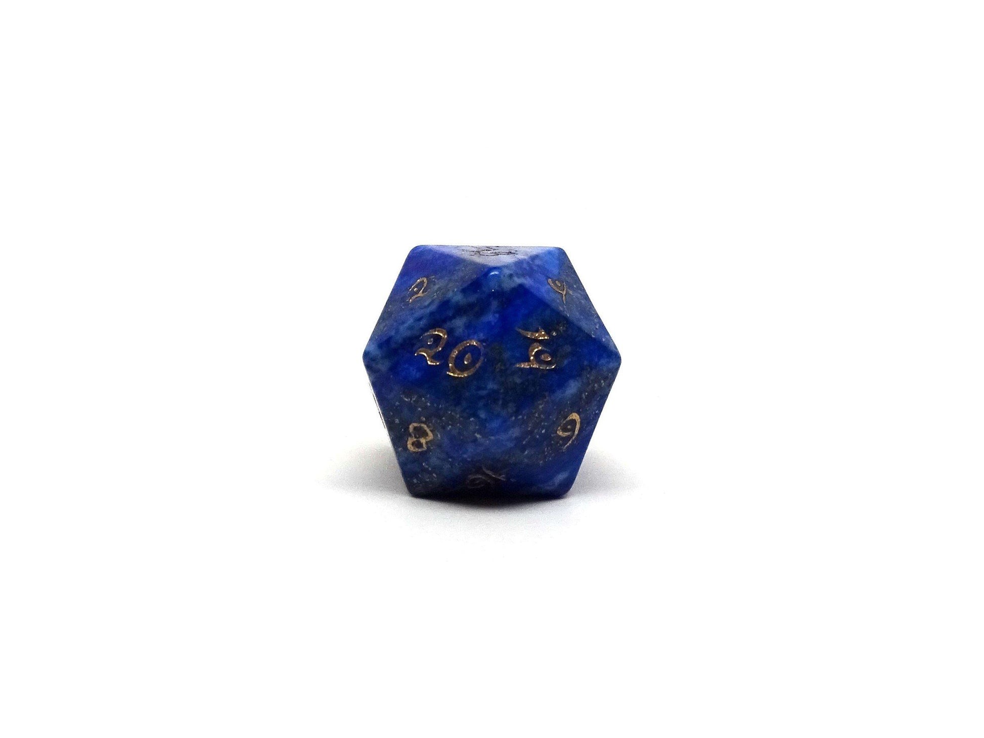 Stone D20 Dice - Lapis Lazuli- Gold Elvenkind Font