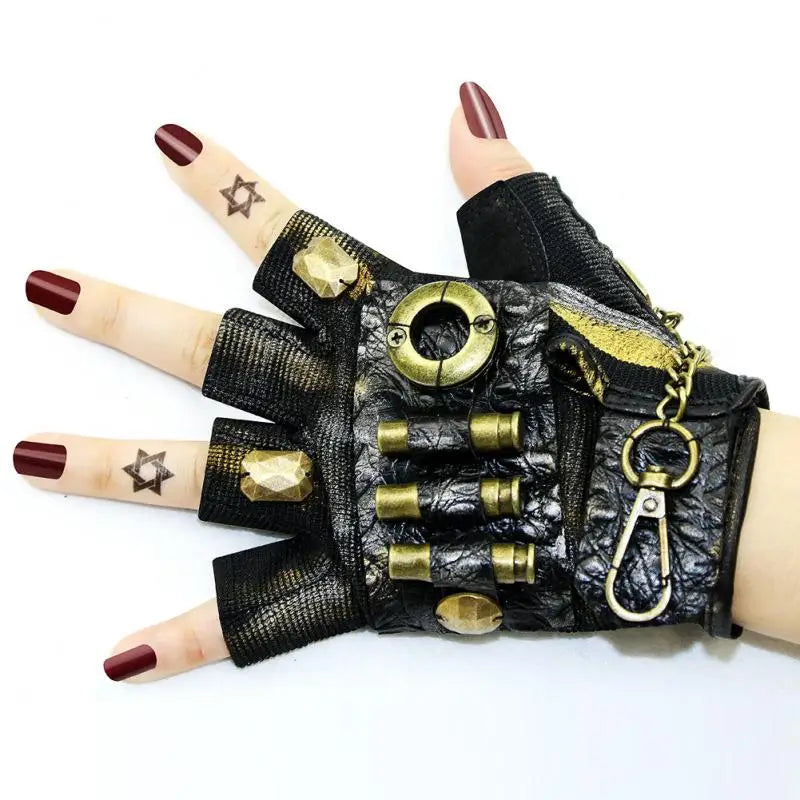 Streampunk Uniset Sheepskin Pig Skin Leather Metal Buckle Bullet Keychain Decoratived Mitt Medieval Retro Punk Half Finger Glove