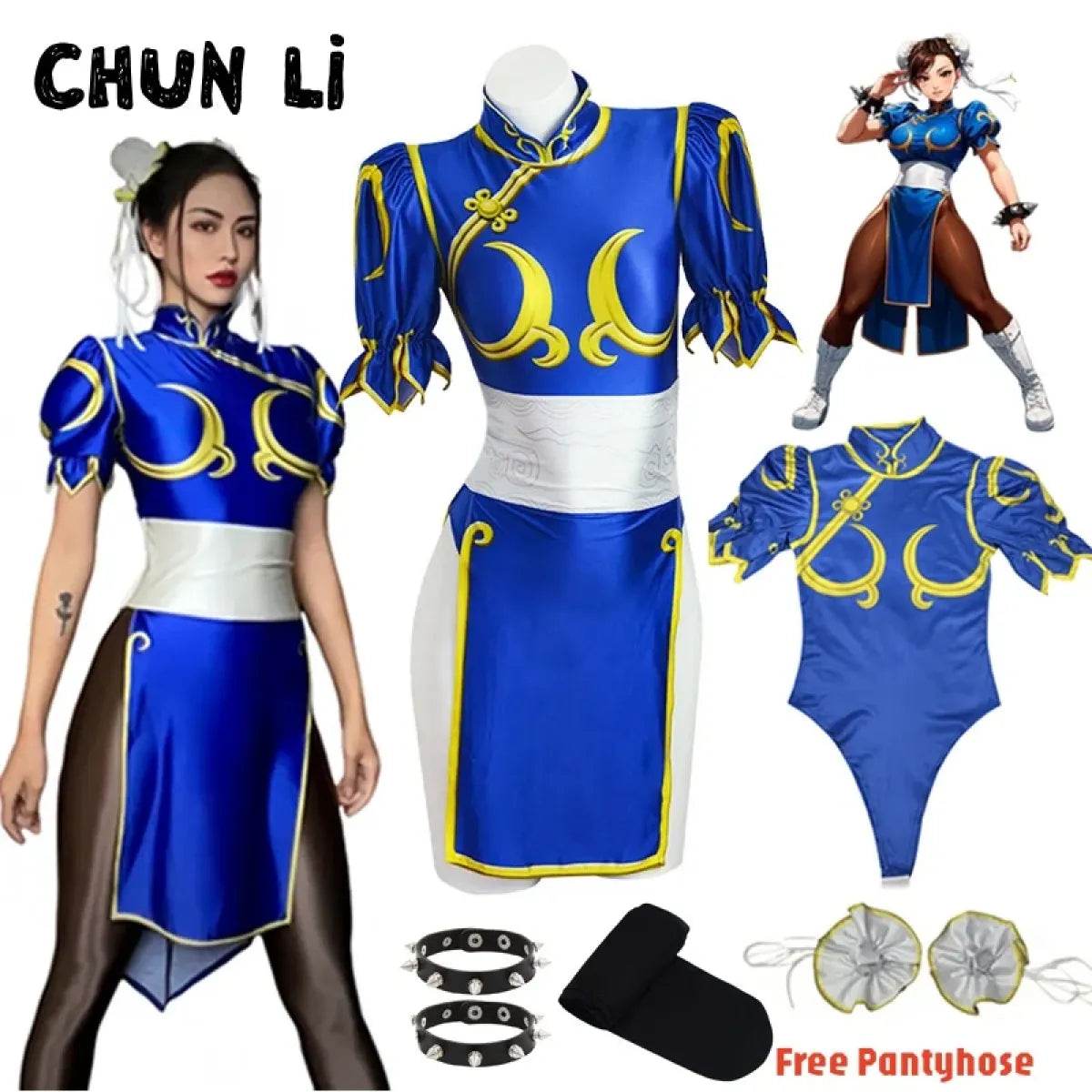 Chun Li Cosplay Costume – Street Fighter Blue Cheongsam Set with Headdress - Costume Only / S