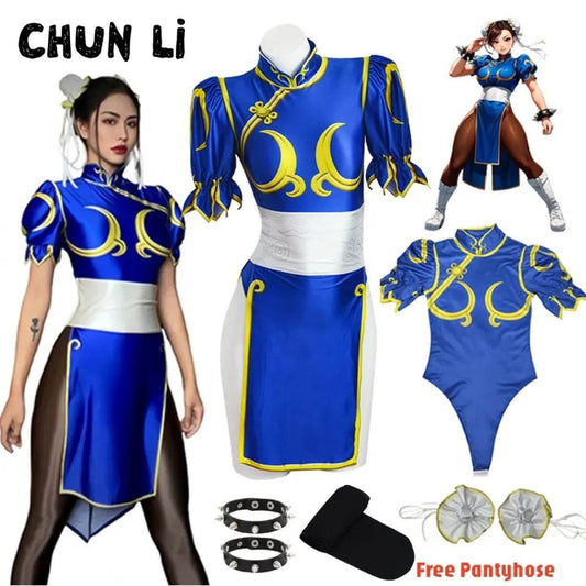 Chun Li Cosplay Costume – Street Fighter Blue Cheongsam Set with Headdress - Costume Only / S