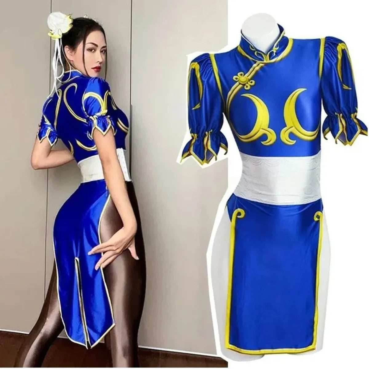 Chun Li Cosplay Costume – Street Fighter Blue Cheongsam Set with Headdress - Costume Only / S