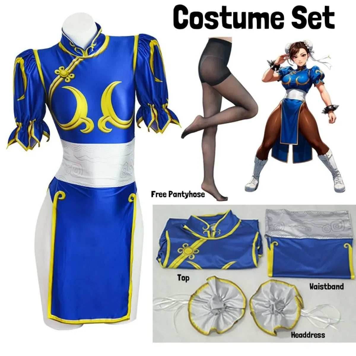 Chun Li Cosplay Costume – Street Fighter Blue Cheongsam Set with Headdress - Costume Only / S