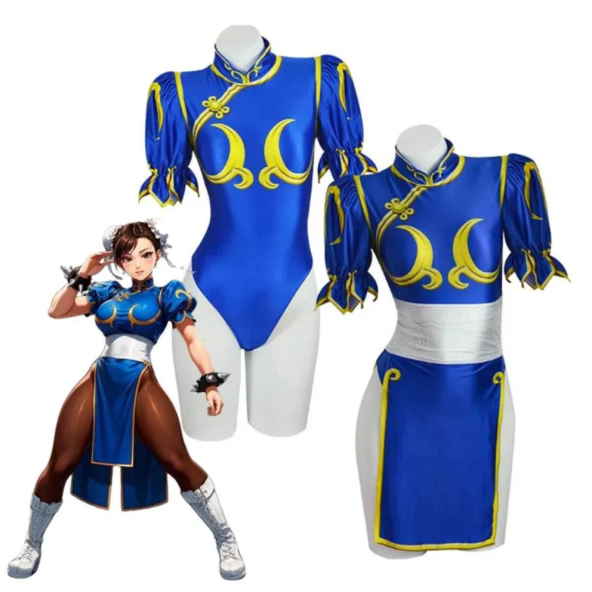 Chun Li Cosplay Costume – Street Fighter Blue Cheongsam Set with Headdress - Costume Only / S