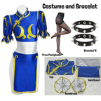 Chun Li Cosplay Costume – Street Fighter Blue Cheongsam Set with Headdress - Costume and Bracelet / L