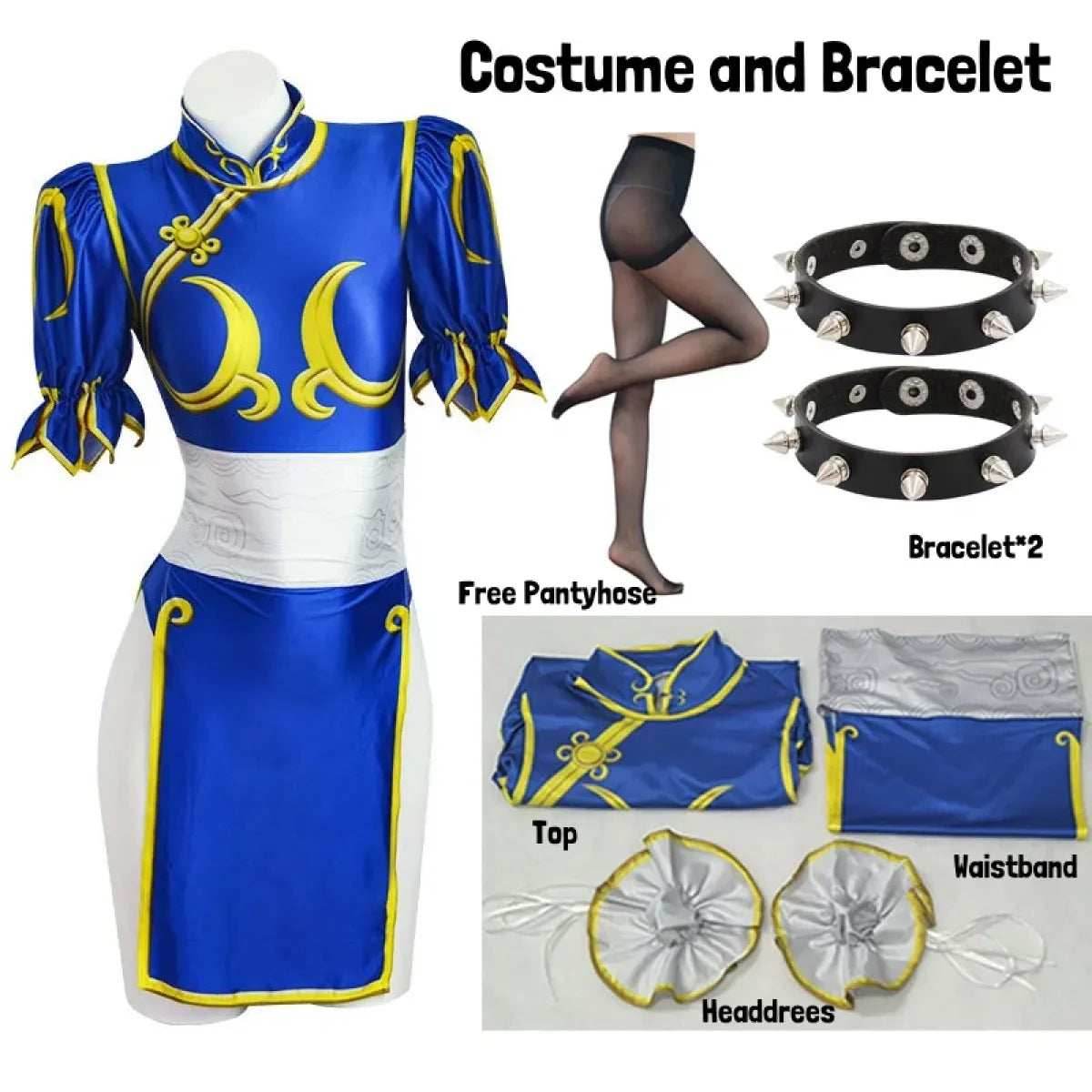 Chun Li Cosplay Costume – Street Fighter Blue Cheongsam Set with Headdress - Costume and Bracelet / L