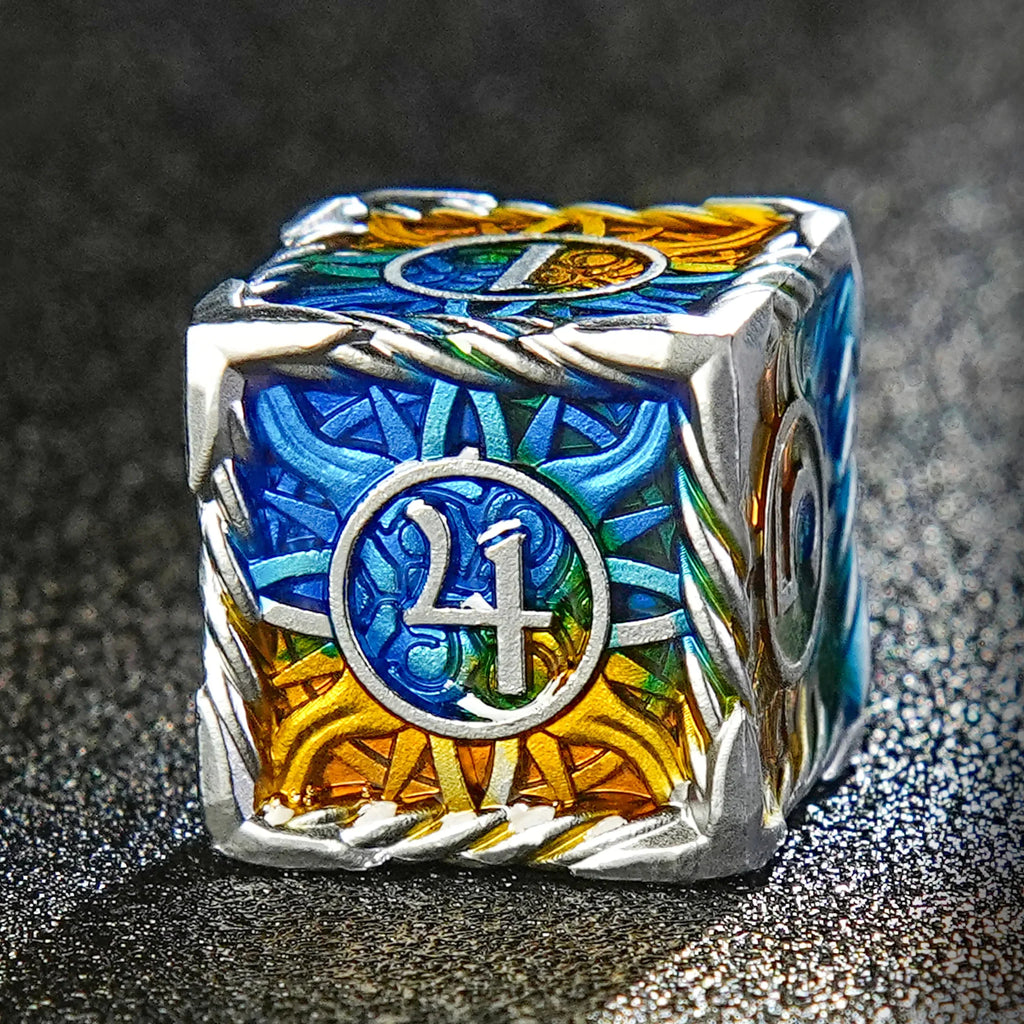 Sun Pattern Silver Solid Metal DND Dice Set + Yellow and Blue Colorway