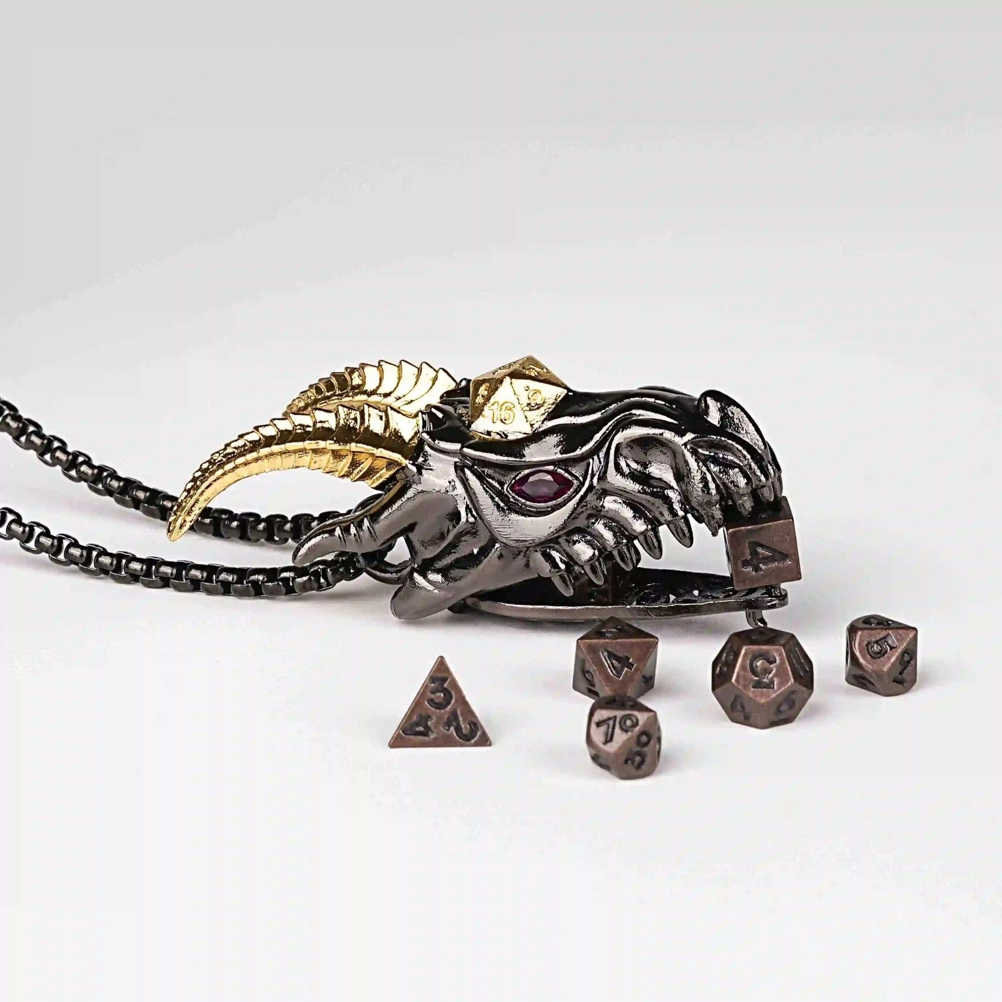 Super cool metal black dragon head dice necklace +mini metal dice set