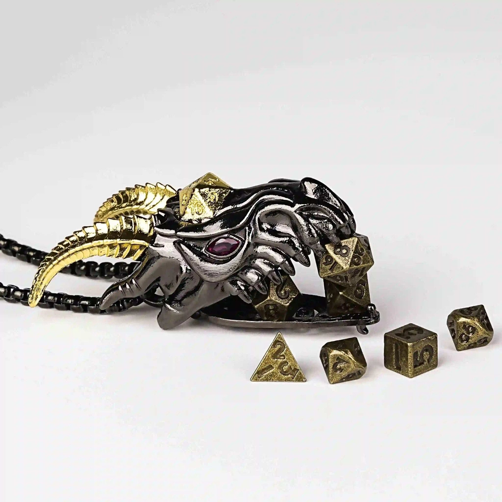 Super cool metal black dragon head dice necklace +mini metal dice set