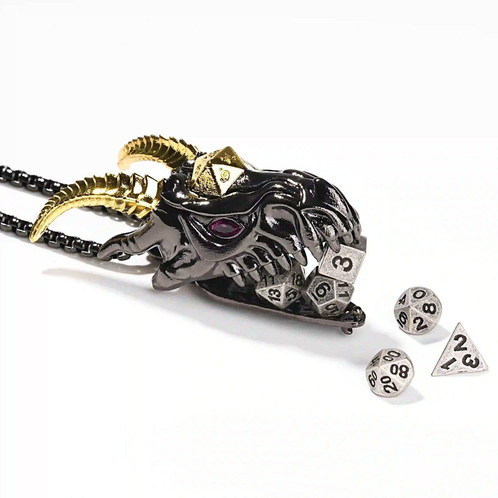 Super cool metal black dragon head dice necklace +mini metal dice set