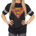 Superman Distressed Logo With Striped Sleeves T-shirt - S