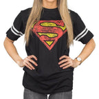 Superman Distressed Logo With Striped Sleeves T-shirt - S
