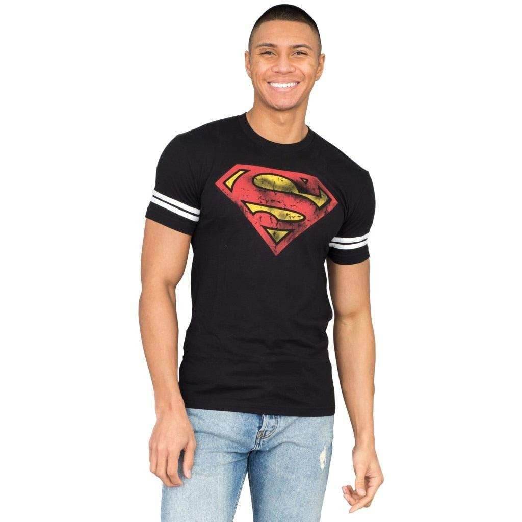 Superman Distressed Logo With Striped Sleeves T-shirt - S