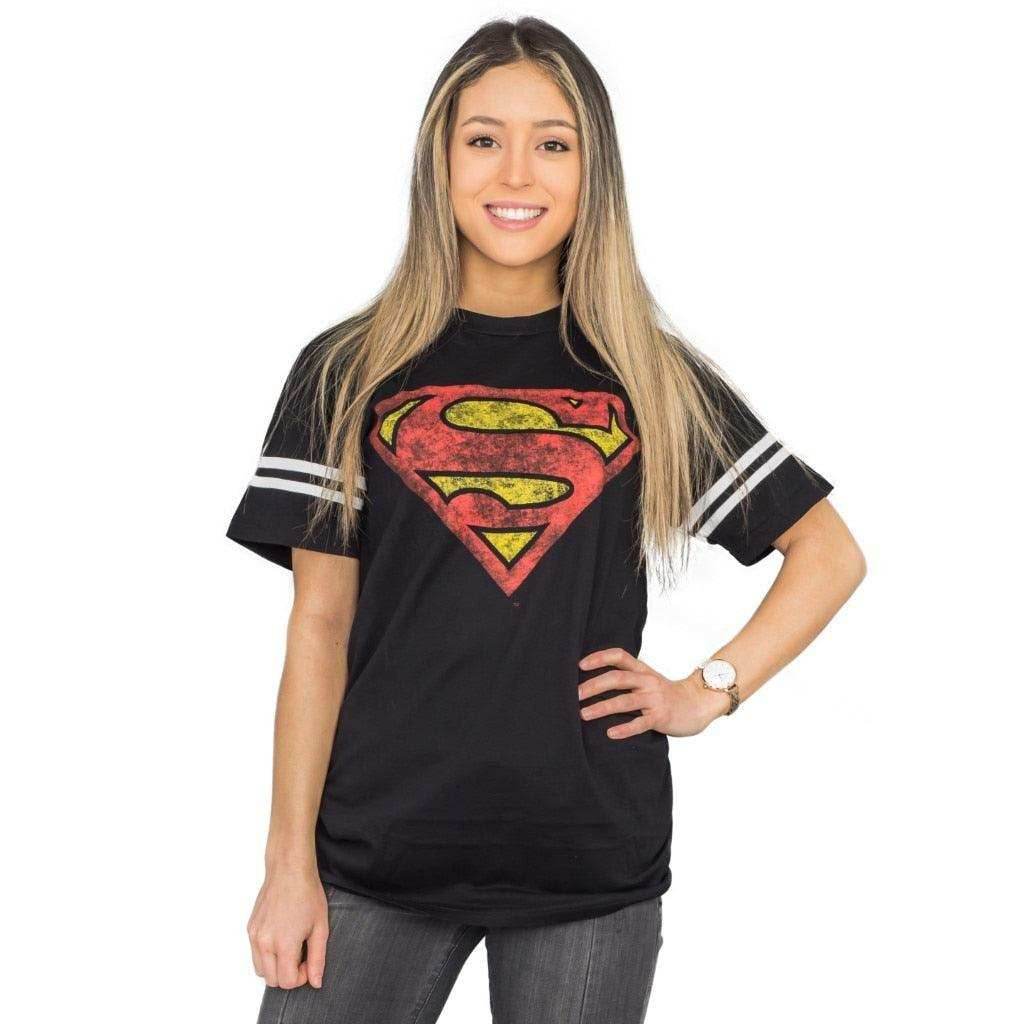 Superman Distressed Logo With Striped Sleeves T-shirt - S