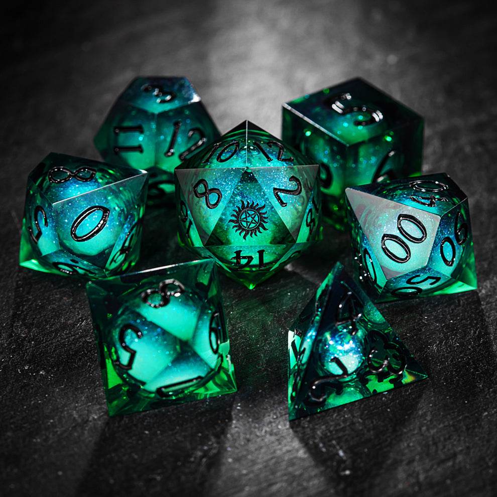 Supernatural Anti-possession dice 7 piece set - Green Liquid Core Resin Galaxy Dice