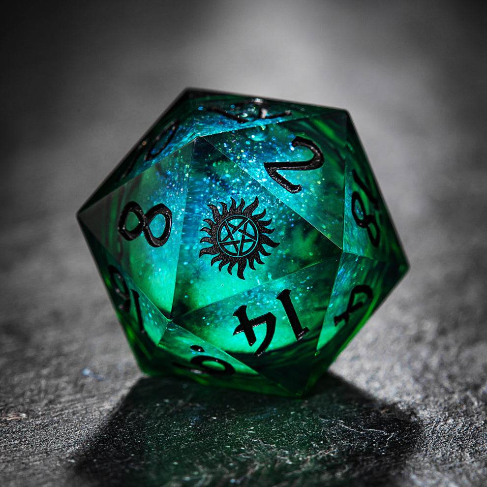 Supernatural Anti-possession dice 7 piece set - Green Liquid Core Resin Galaxy Dice
