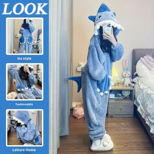 Sweet Cute Shark Hooded Coral Velvet Pajamas Fleece Lined Padded Warm Keeping