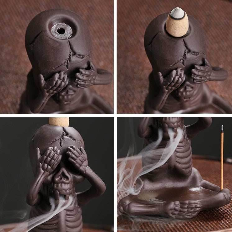 Halloween Skeleton Ceramic Backflow Incense Burner Holder - Eyes Covered