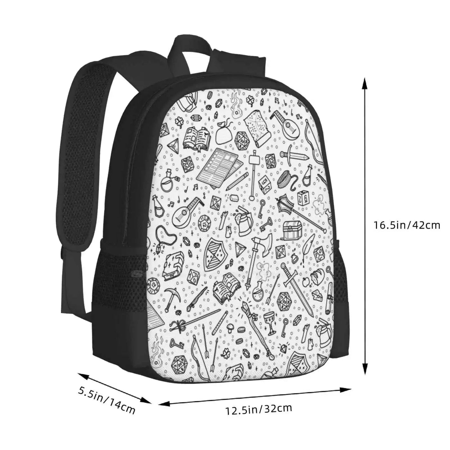 Tabletop Rpg Pattern – Black Fashion Pattern Design Travel Laptop School Backpack Bag Rpg Roleplay Dnd And Dragons Dragons