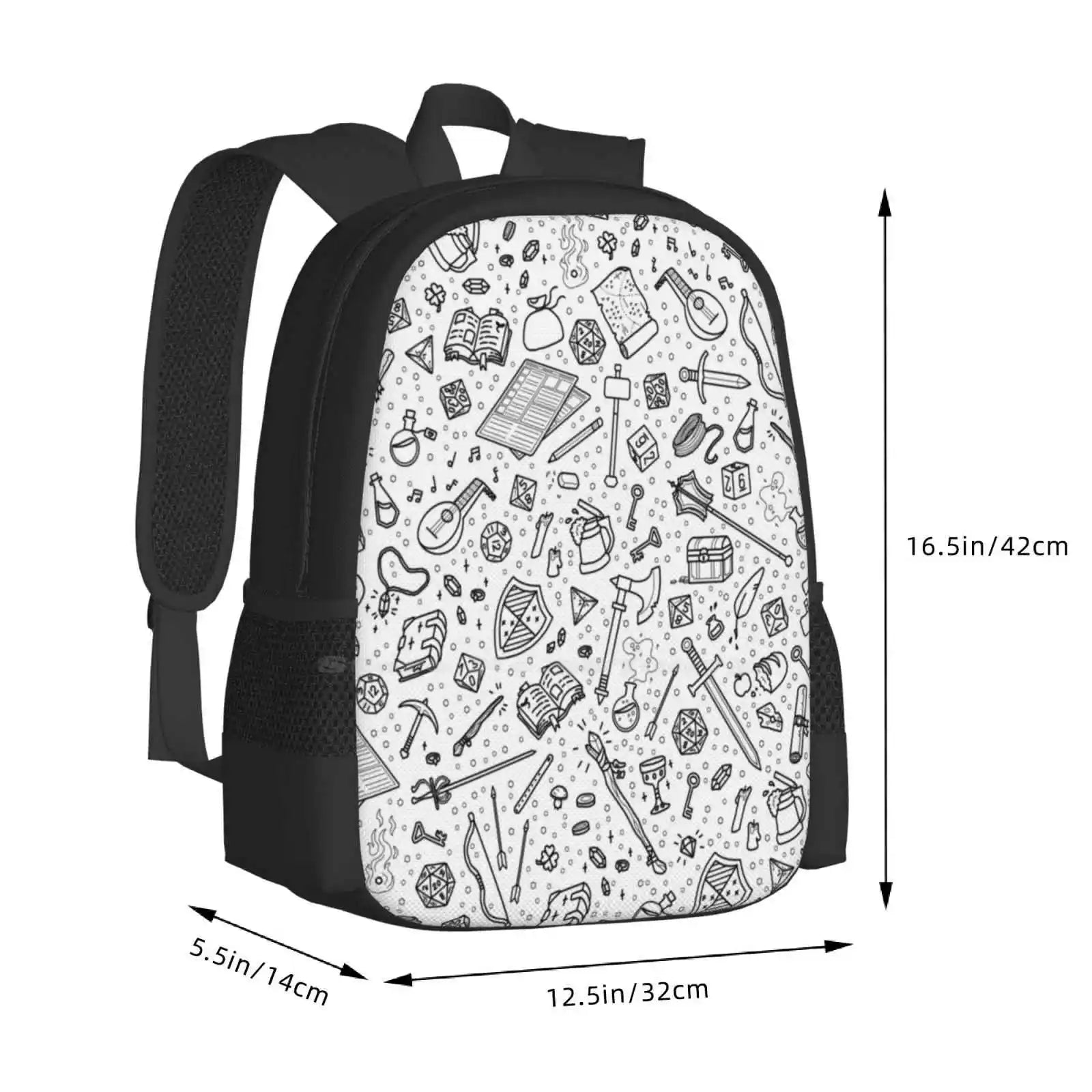 Tabletop Rpg Pattern – Black Fashion Pattern Design Travel Laptop School Backpack Bag Rpg Roleplay Dnd And Dragons Dragons