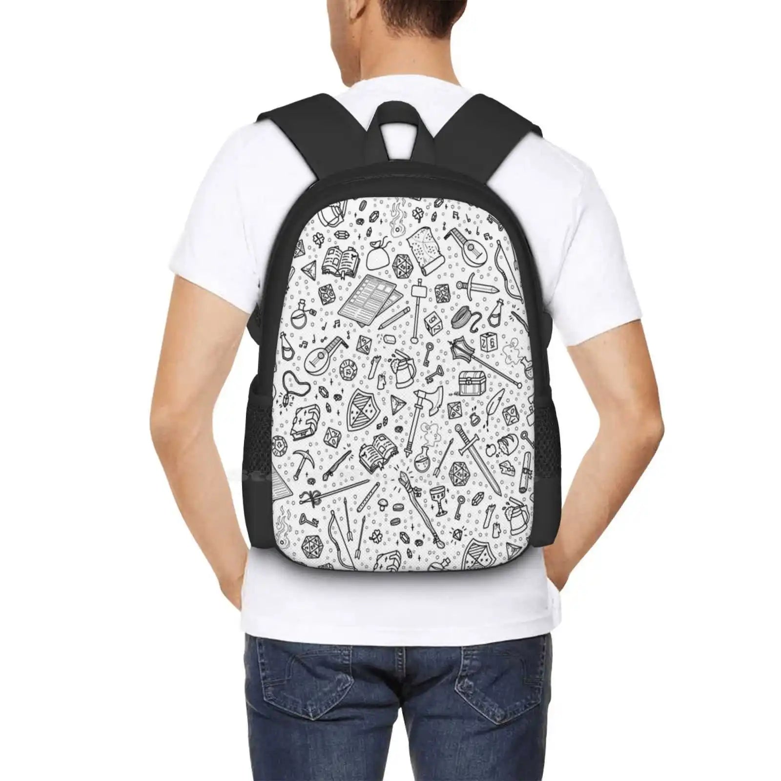 Tabletop Rpg Pattern – Black Fashion Pattern Design Travel Laptop School Backpack Bag Rpg Roleplay Dnd And Dragons Dragons