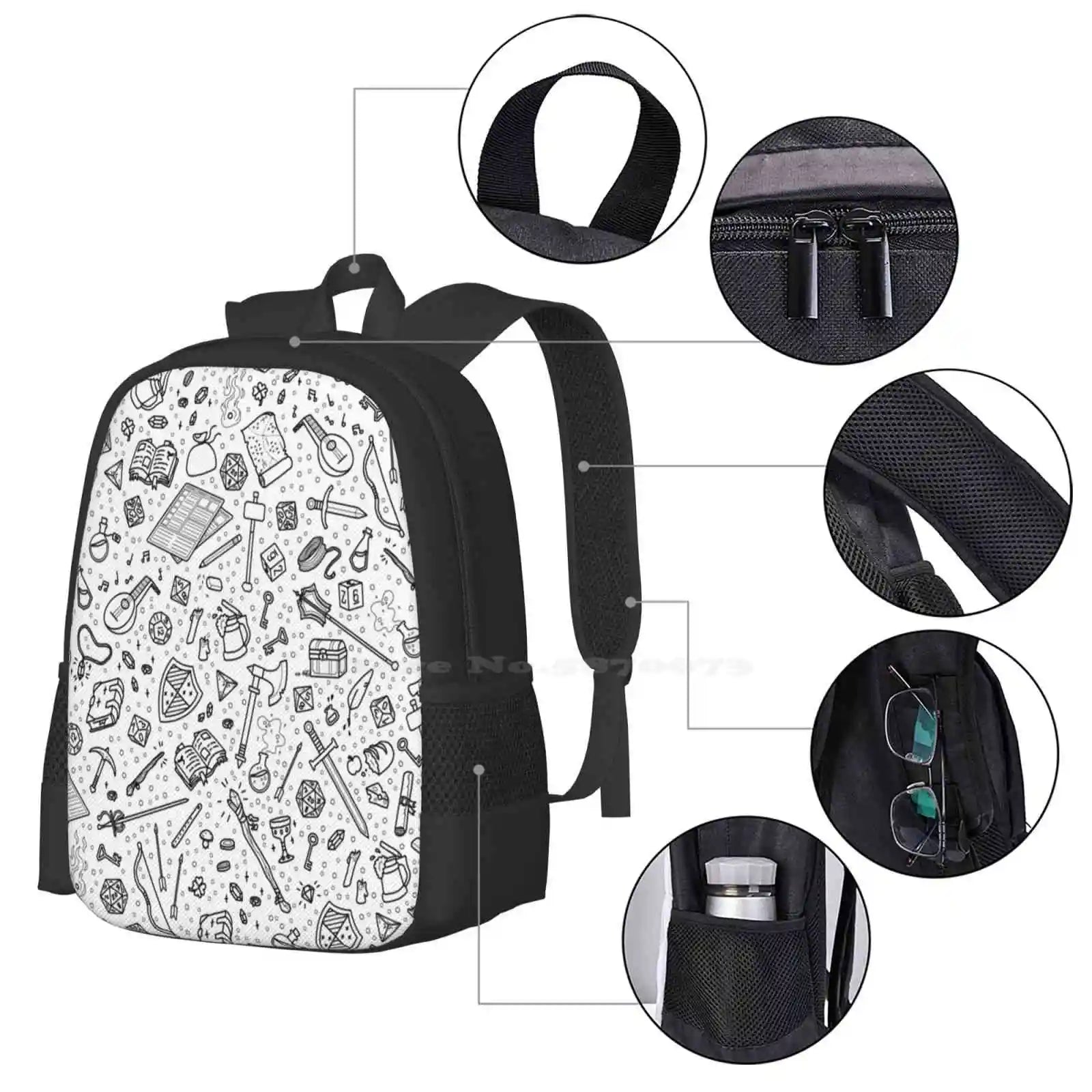 Tabletop Rpg Pattern – Black Fashion Pattern Design Travel Laptop School Backpack Bag Rpg Roleplay Dnd And Dragons Dragons