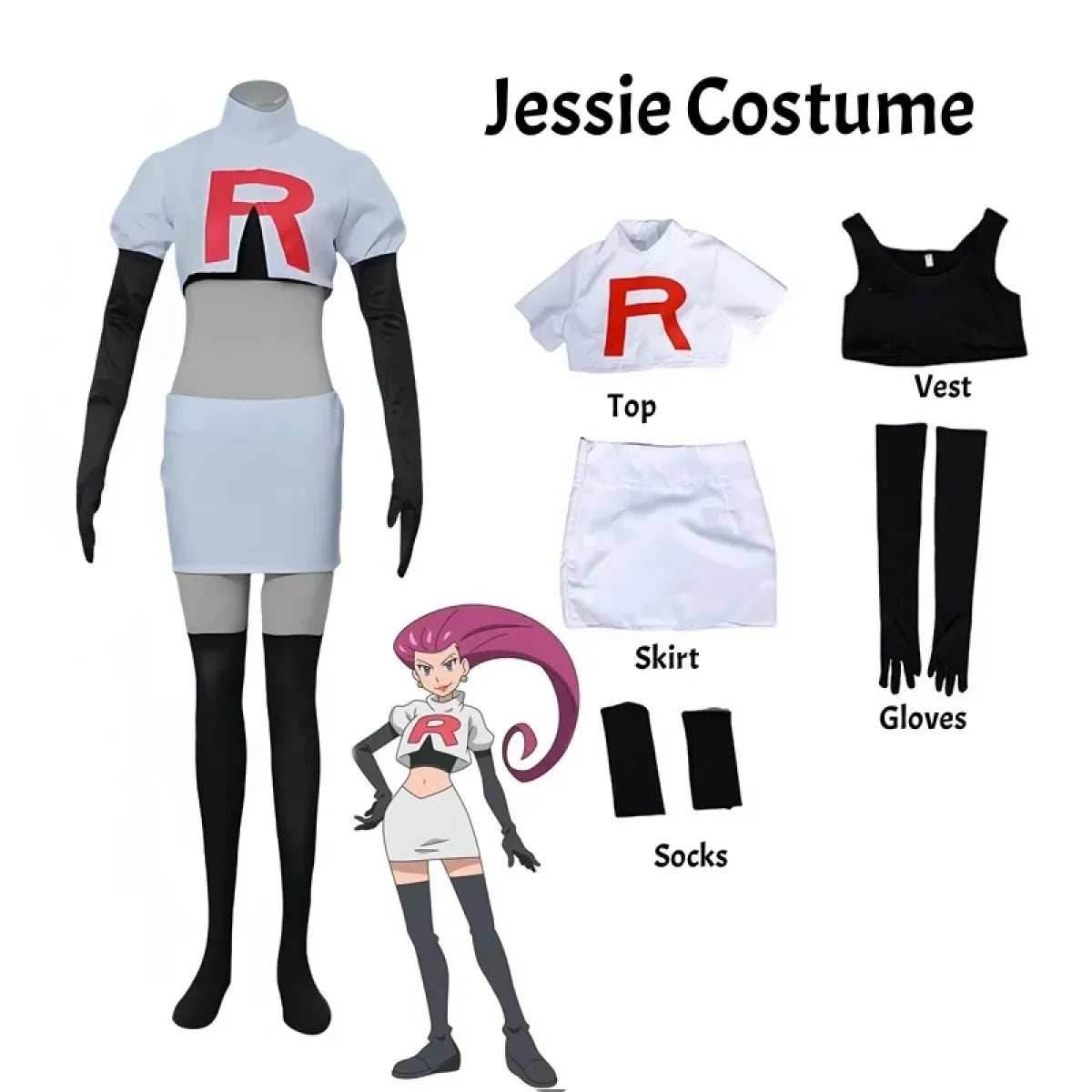 Team Rocket Jessie & James Cosplay Set – Anime Full Outfit for Men & Women - Jessie Clothing / L