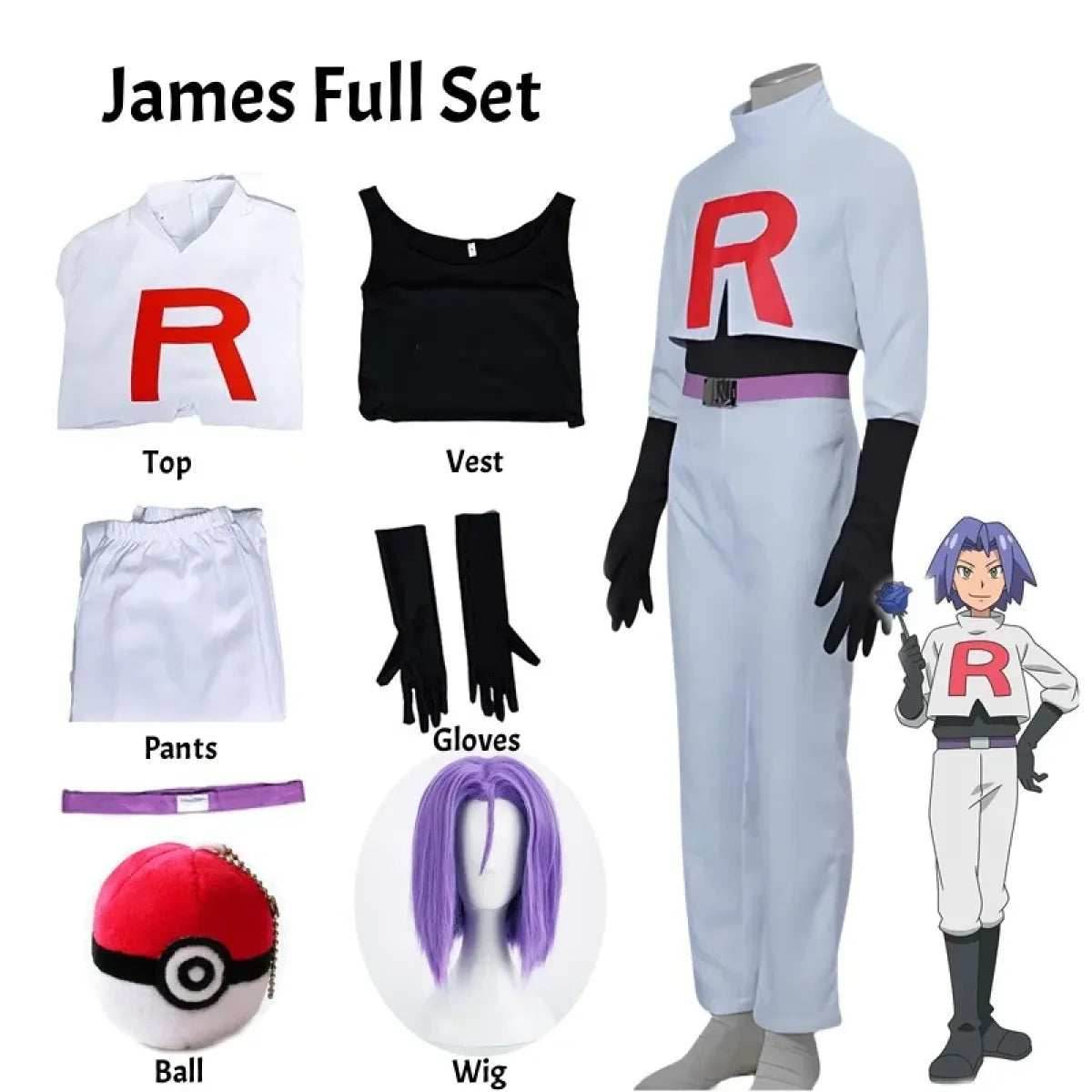 Team Rocket Jessie & James Cosplay Set – Anime Full Outfit for Men & Women - James Full Set / XXL