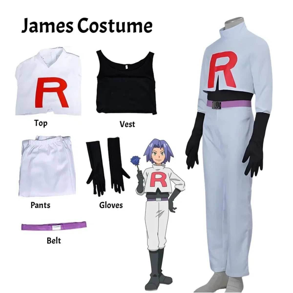 Team Rocket Jessie & James Cosplay Set – Anime Full Outfit for Men & Women - James Clothing / XXL