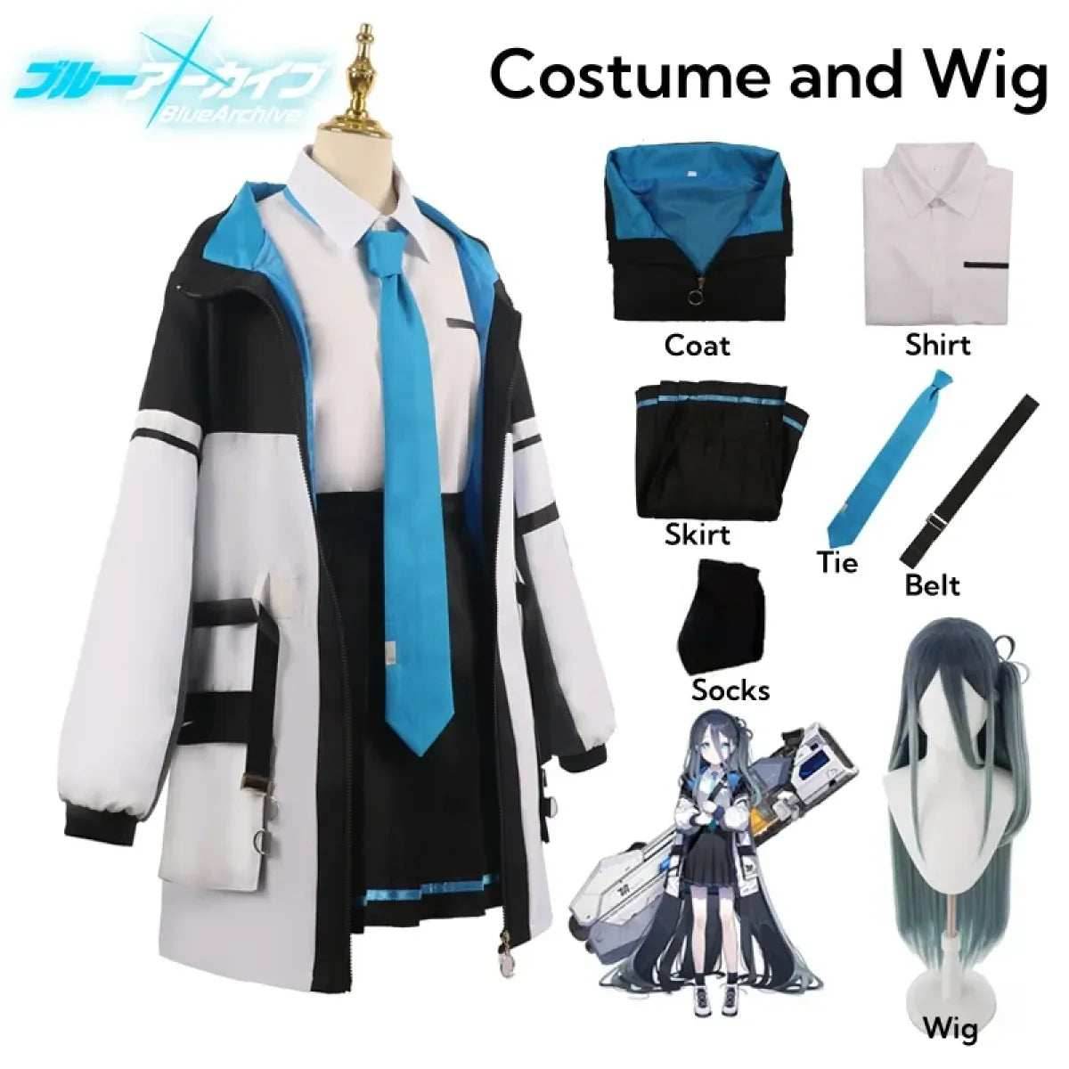 Blue Archive Tendou Arisu Cosplay Costume – Uniform, Wig & Coat Set - S / Costume and Wig