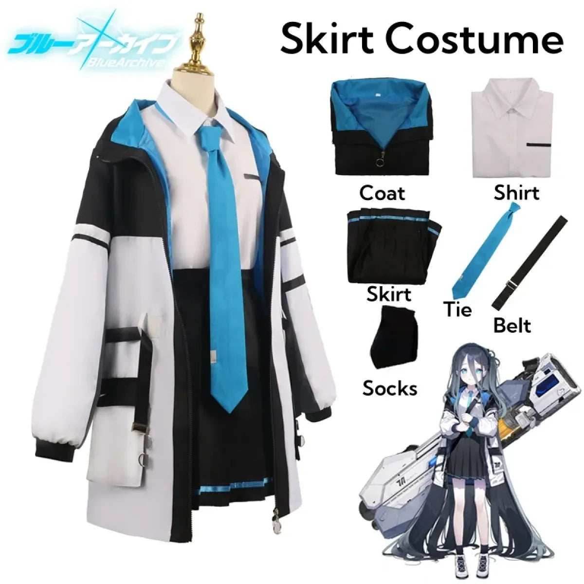 Blue Archive Tendou Arisu Cosplay Costume – Uniform, Wig & Coat Set - S / Costume Only