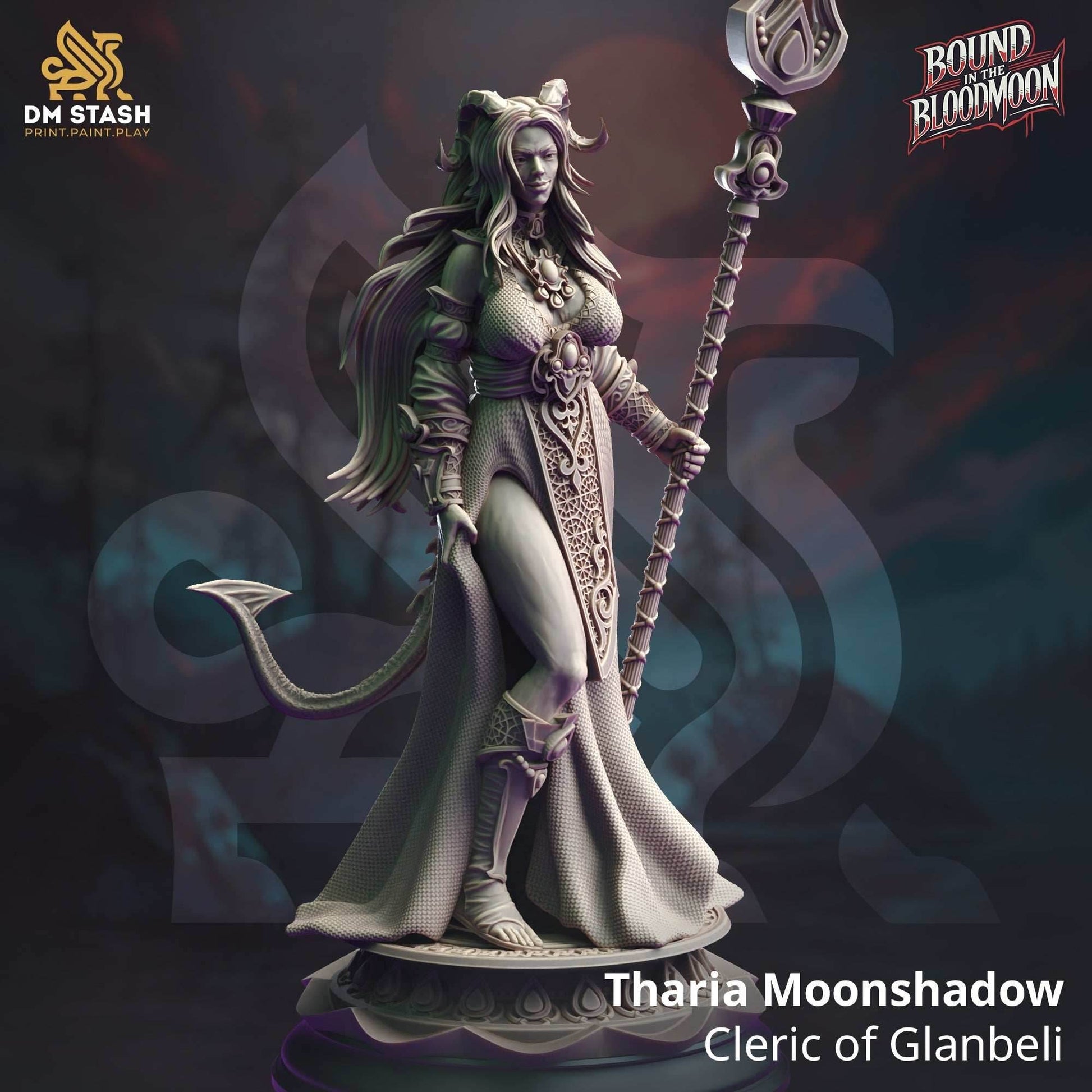 Tharia Moonshadow, Cleric of Glanbeli (Female Tiefling Cleric) - 32mm Scale