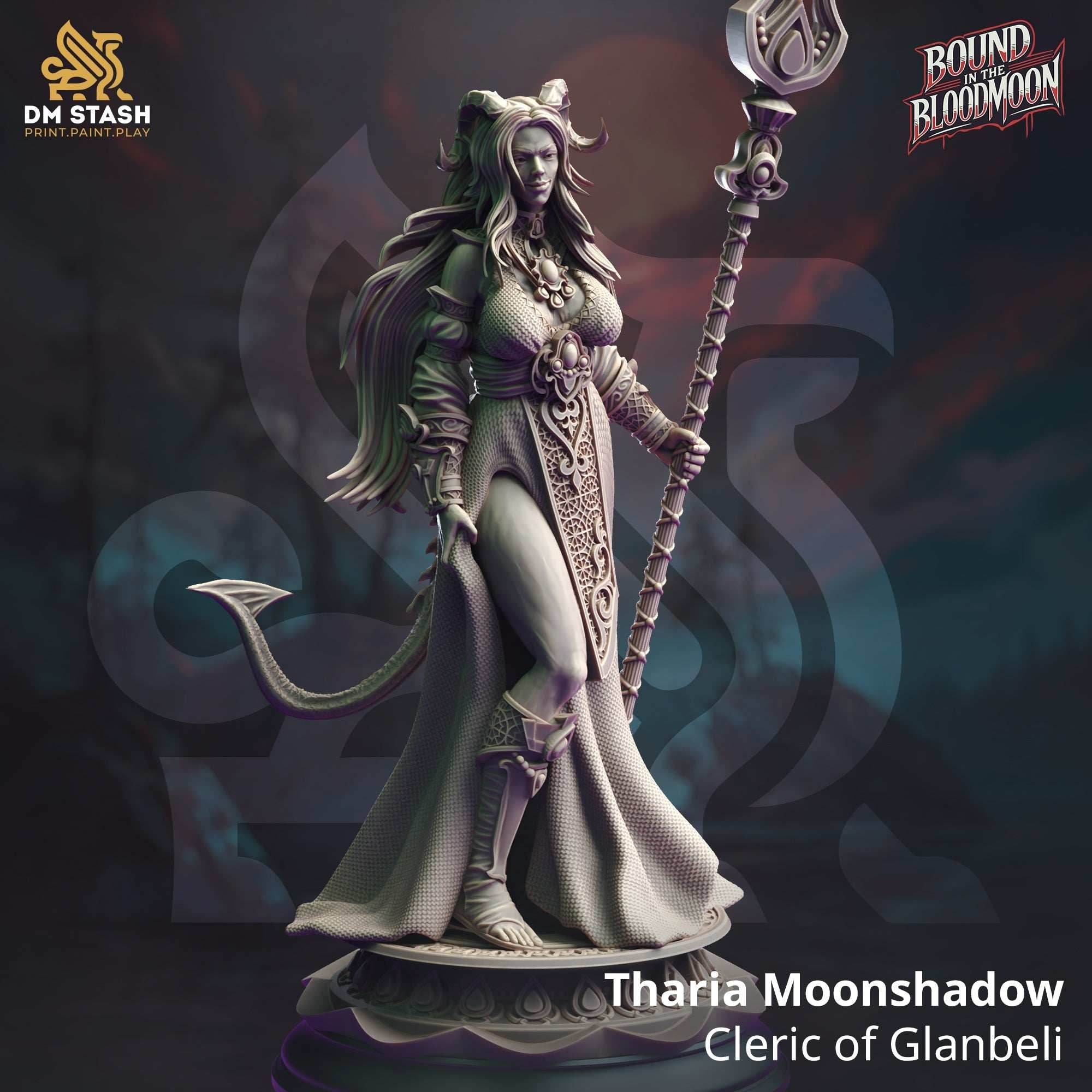 Tharia Moonshadow, Cleric of Glanbeli (Female Tiefling Cleric) - 32mm Scale