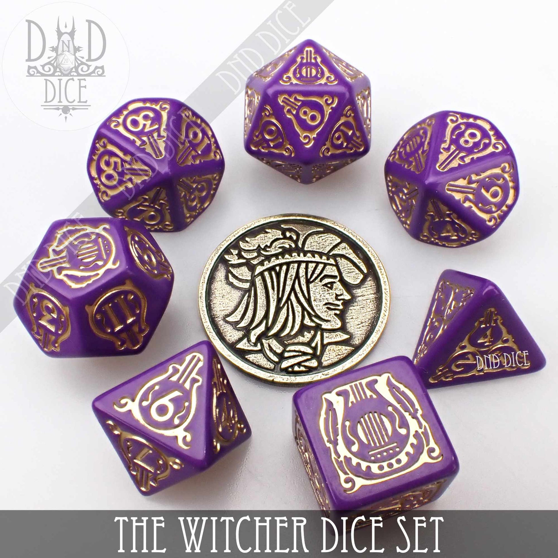 The Witcher Dice Set and Coin - Dandelion / Jaskier