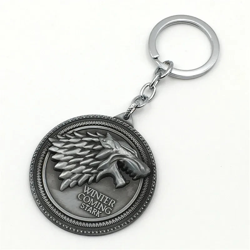 Thrones Keychain Stark Wolf Head Badge Key Chains Pendant Metal Keyring llaveros Accessories Gifts