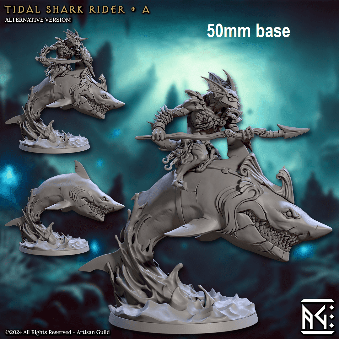Tidal Shark Rider: Sculpt A (Mounted Male Merfolk Warrior) - With Helmet / Spear