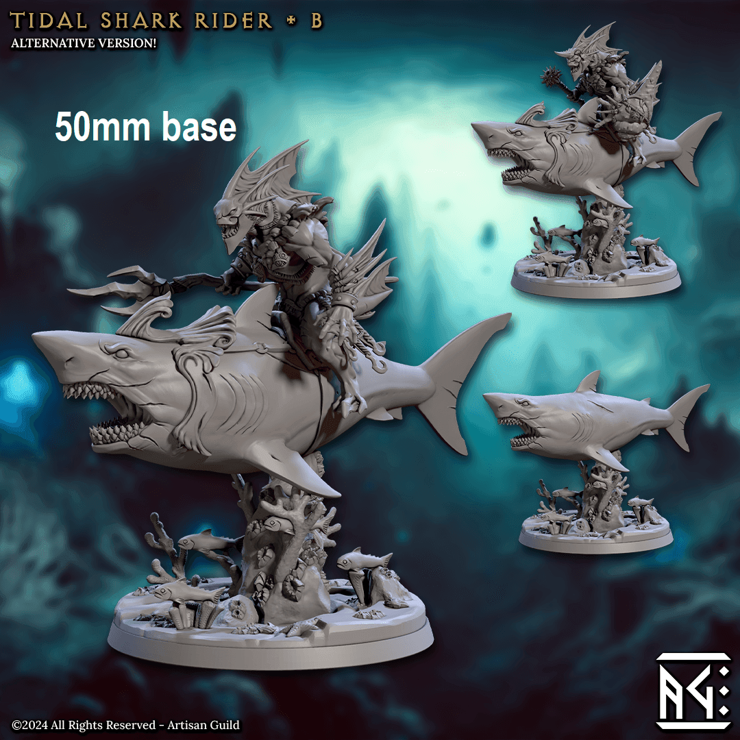 Tidal Shark Rider: Sculpt B (Mounted Male Merfolk Warrior) - With Helmet / Empty / Spiked Club