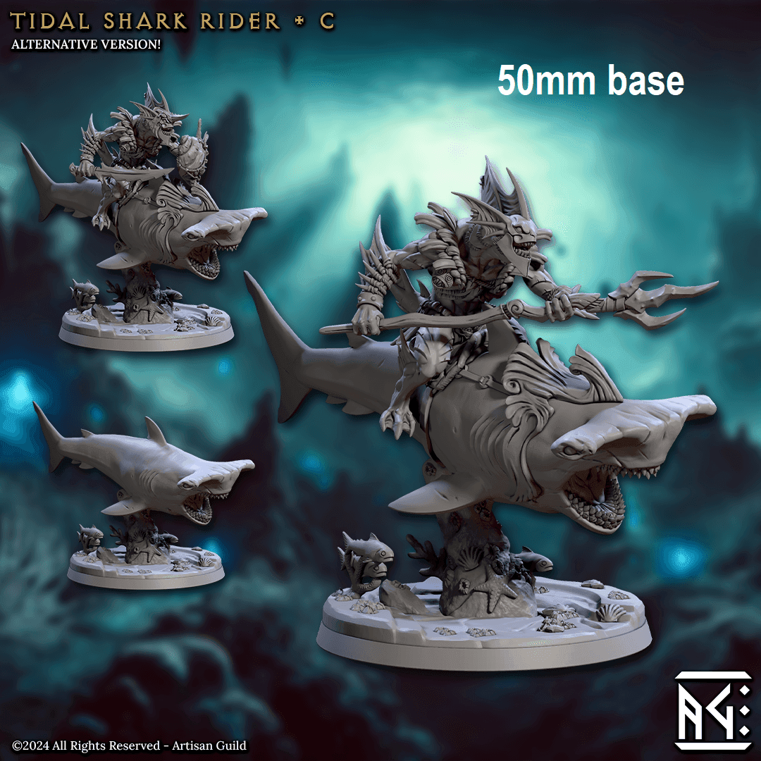 Tidal Shark Rider: Sculpt C (Mounted Male Merfolk Warrior) - With Helmet / Spear
