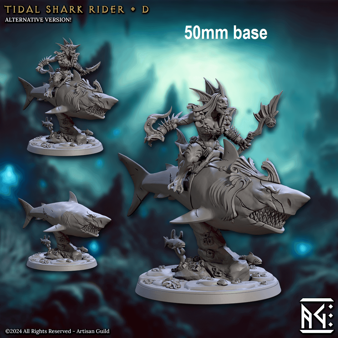Tidal Shark Rider: Sculpt D (Mounted Female Merfolk Warrior) - With Helmet / Staff / Spell